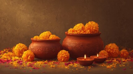 vibrant indian festival vector art traditional clay diya pots and marigold flowers for diwali decoration 2026