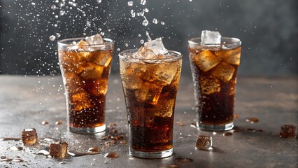 Cold cola beverages with ice cubes and dynamic splash on table