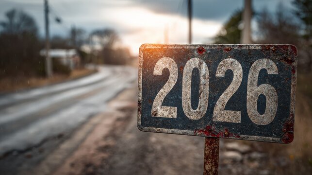 a weathered road sign stands prominently in the foreground displaying 2026 in bold metallic numbers against a dark background happy new year happy new year 2026 merry christmas and happy new year 202