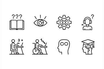 Inclusive education and cognitive accessibility icon set in minimal line art