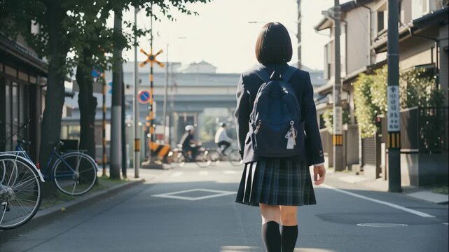 Back view of high school girl walking on residential street with railroad crossing