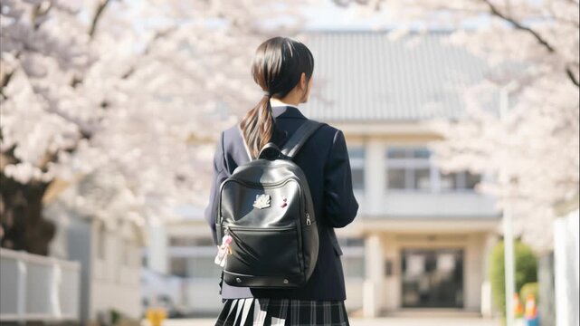 Back view of student walking towards school building with cherry blossoms