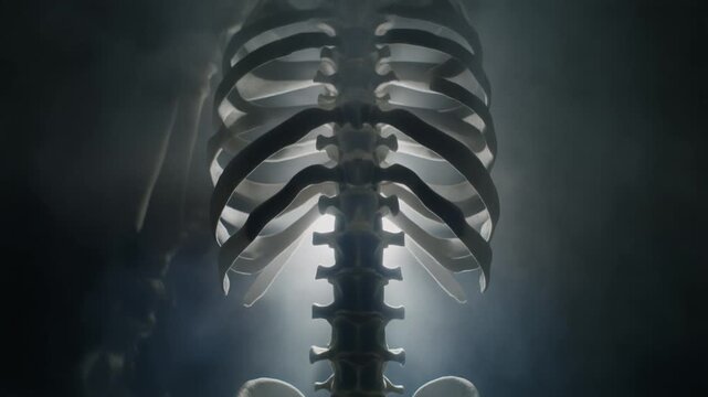 Underlit cinematic shot of a spinal column with fog drifting through the vertebrae Video