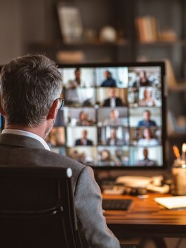 business man meeting virtual team on video conference call using computer social distance worker working from home office in remote videoconference online chat watching webinar making videocall no lo