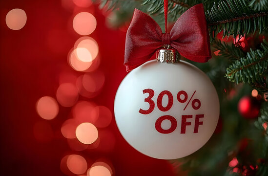 Close-up of white smooth shiny christmas ball with red satin bow on the ball with big red numbers "30%OFF" written on it hanging on green branch of elegant spruce tree on red background with some boke