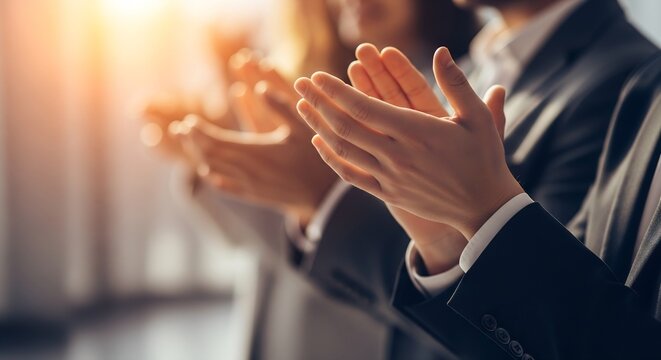 Close up of diverse business people clapping hands in formal attire with bright sun flare.