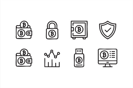 Minimal fintech icon set for blockchain, digital assets, and crypto protection