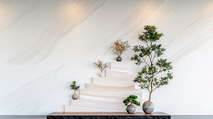 A minimalist interior scene featuring a tiered marble staircase with various potted bonsai trees and a large potted tree, set against a textured white wall with