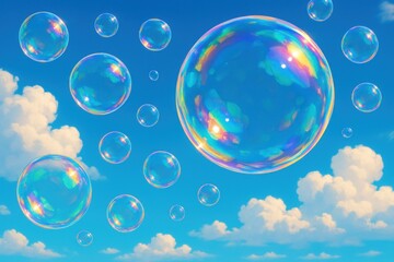 Cartoonish illustration of soap bubbles floating in a bright blue sky with fluffy white clouds