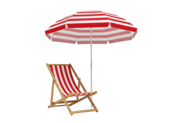 Red and white striped beach umbrella and deck chair on black background