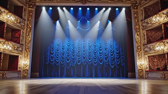 Grand Theater Stage Illuminated by Stage Lights Amidst Ornate Balconies and Red Velvet Curtains