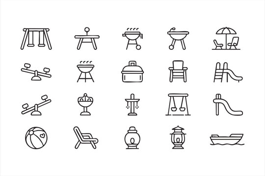 Line art recreation symbols for parks, BBQ areas, and family activity zones