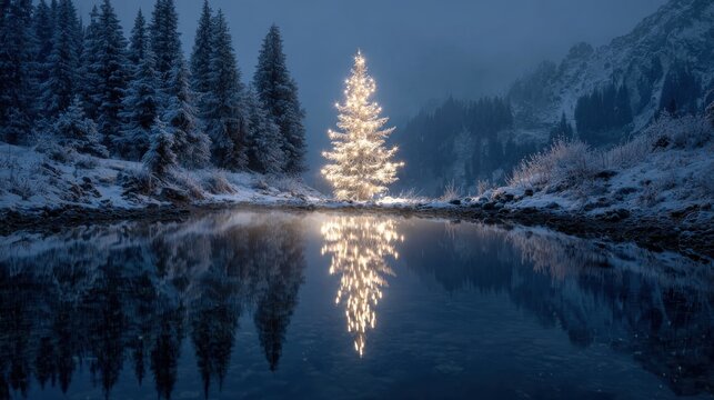 nighttime winter landscape photograph showing decorated christmas tree reflected in still lake festive holiday season concept 2026