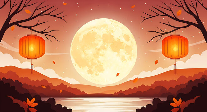 Vibrant full moon over a serene landscape with hanging lanterns