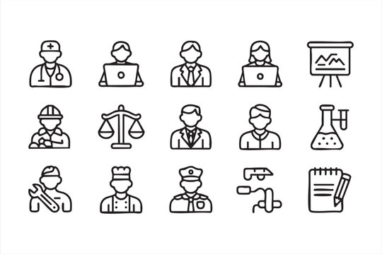 Vector icon pack of careers including doctors, engineers, chefs, police, and mechanics