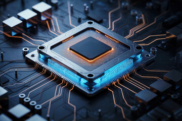 Futuristic CPU Processor Glowing on Motherboard