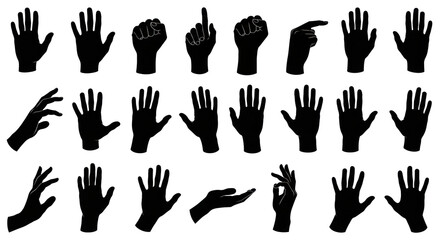 Fototapeta premium A comprehensive collection of diverse human hand gestures, pure black silhouettes with sharp lines including open palm, closed fist, pointing finger, neatly arranged on a stark transparent background,