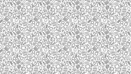 Seamless pattern featuring hand drawn school supplies and stationery in black and white doodle style