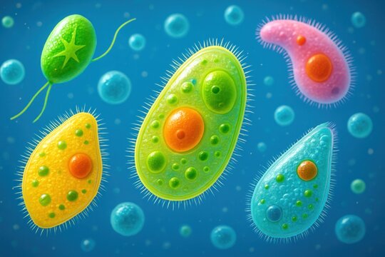 Colorful illustration of several microorganisms floating in a blue, watery background