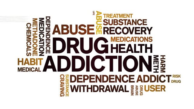 Drug Addiction animated word cloud-text design animation tag kinetic typography seamless loop.