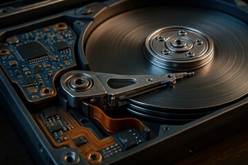 Detailed close-up of a hard disk drive's internal components