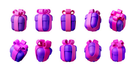 Group of 3D rendered gift boxes with pink bows and purple wrapping. Festive present package illustration for holiday, happy birthday, or anniversary celebration. Vector illustration
