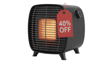 A portable heater shows a bright orange glow with a red tag indicating forty percent off.