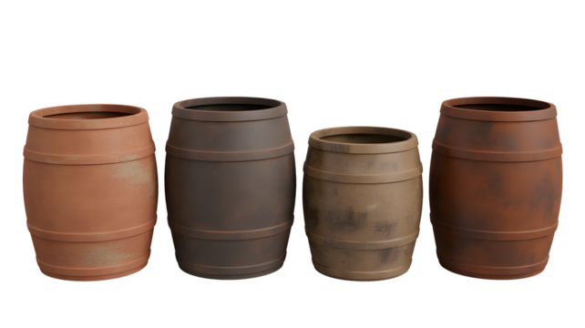 Four old wooden barrels stand in a row showing different colors and textures.