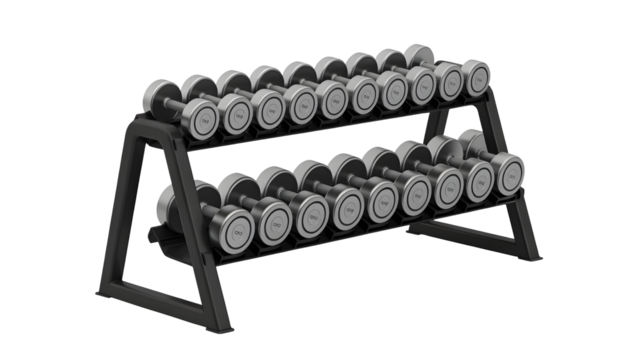 A rack holds many dumbbells for exercise.