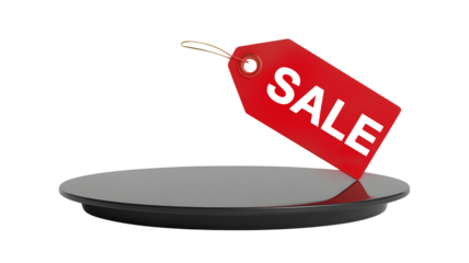 A red sale tag hangs over a round platform creating a promotional display for a bargain.