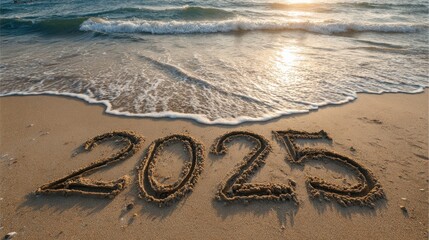 2025 written in beach sand ocean waves in the background 2026
