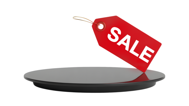 A red sale tag hangs over a round platform creating a promotional display for a bargain.