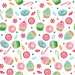 Christmas Cupcakes Candy Seamless Pattern Vector Art
