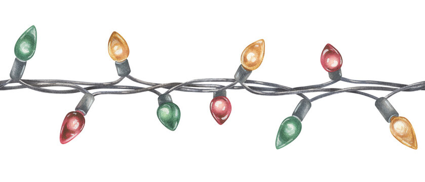 Seamless Border of multicolored Christmas Lights. Watercolor illustration of a garland. Hand drawn vintage holiday decoration on white isolated background. Water color painting art image