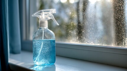 Spray bottle with blue liquid on a windowsill in front of a window