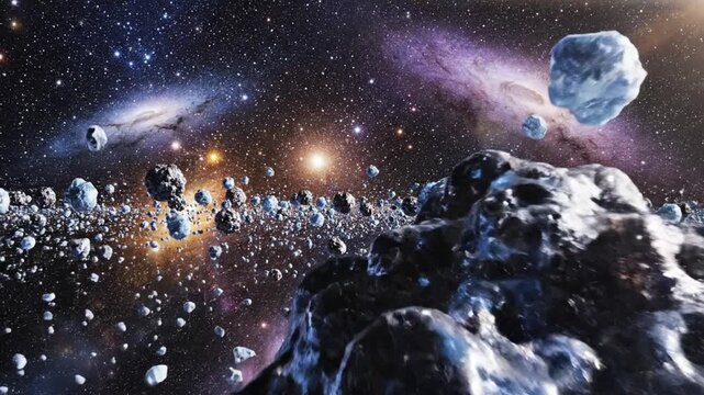 Vast Asteroid Belt Field With Distant Galaxies And Nebulae In Deep Space Cosmic Background