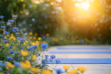 A serene yoga class taking place in a garden filled with calming blue and yellow flowers,