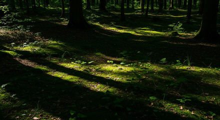 Sunlight streaming through dense forest canopy onto mossy ground