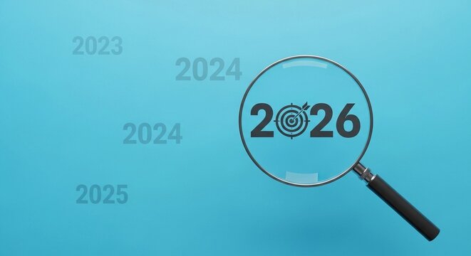 Focused on the future, a magnifying glass highlights the year 2026 with a target, surrounded by preceding years on a blue background. It represents a focused vision of future goals and planning.