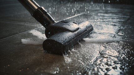 Closeup of a vacuum cleaner cleaning a wet tile floor with water
