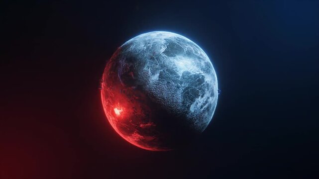 A celestial orb glows with a cosmic conflict of fiery red and icy blue light, symbolizing the duality of forces in the vast universe