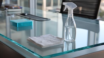 Spray bottle and cloth on a glass desk for office cleaning and hygiene