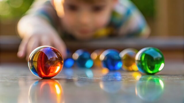 A child reaches for colorful marbles on a table, with a blurred background, capturing a moment of playful curiosity.