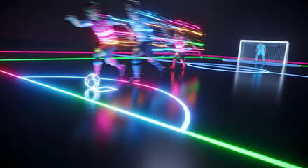 Soccer players competing in neon-lit arena with goal in background  