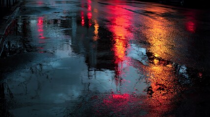 Abstract reflection on wet pavement with colorful lights at nighttime