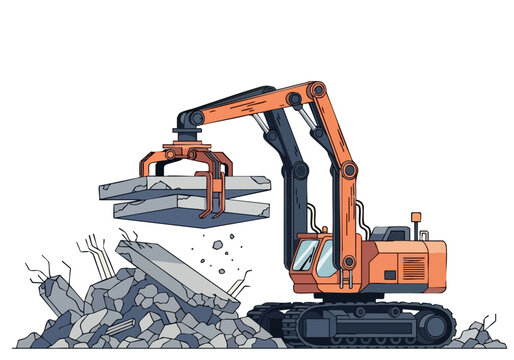 Excavator lifts a concrete slab amidst rubble. Bold orange and black illustration style. Strong composition, impactful visual. Suitable for commercial use.