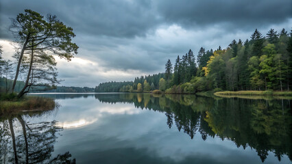 Calm lake reflects the forest under a cloudy sky