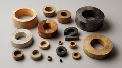 group of wooden and concrete number twos in various sizes and styles small wooden rings are scattered around larger numerals on plain background two is displayed in different fonts and materials 2026