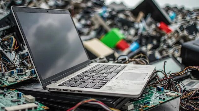 Discarded laptop computer on a pile of electronic waste in a landfill