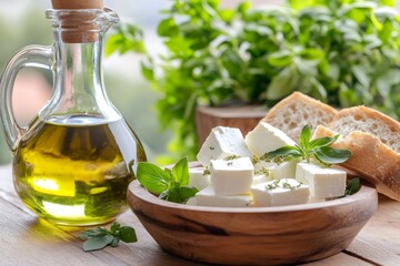 Feta cheese cubes with olive oil and fresh basil